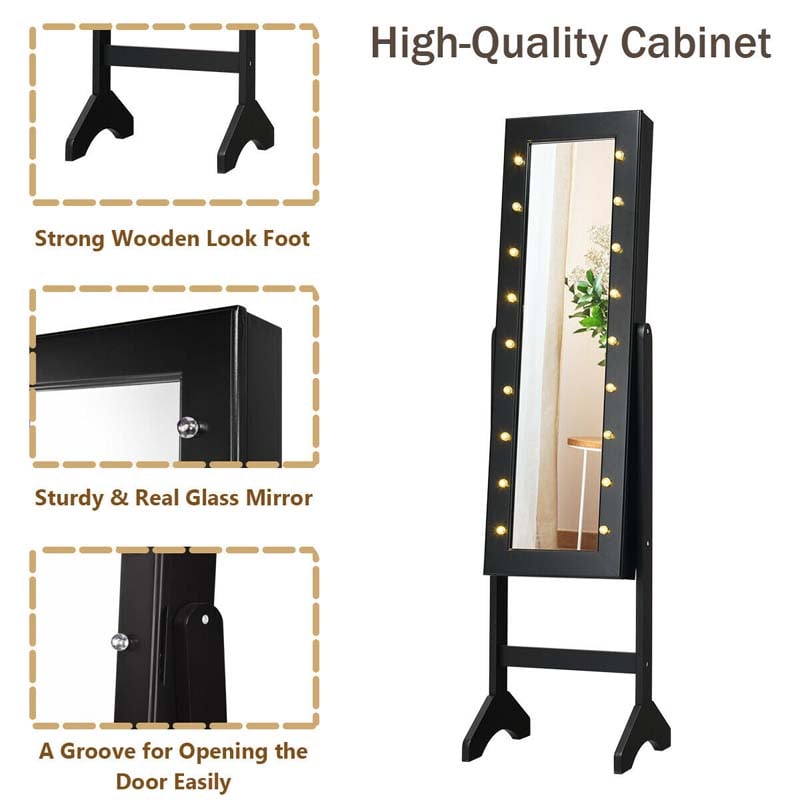 18 LED Standing Jewelry Armoire with Full Length Mirror & 16 Lipstick Holders, Large Jewelry Cabinet Organizer Inside Makeup Mirror for Bedroom