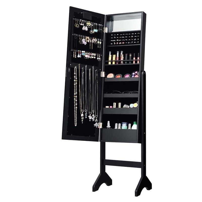 18 LED Standing Jewelry Armoire with Full Length Mirror & 16 Lipstick Holders, Large Jewelry Cabinet Organizer Inside Makeup Mirror for Bedroom