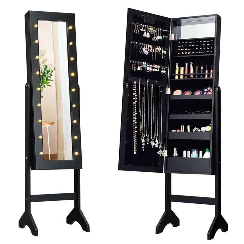 18 LED Standing Jewelry Armoire with Full Length Mirror & 16 Lipstick Holders, Large Jewelry Cabinet Organizer Inside Makeup Mirror for Bedroom