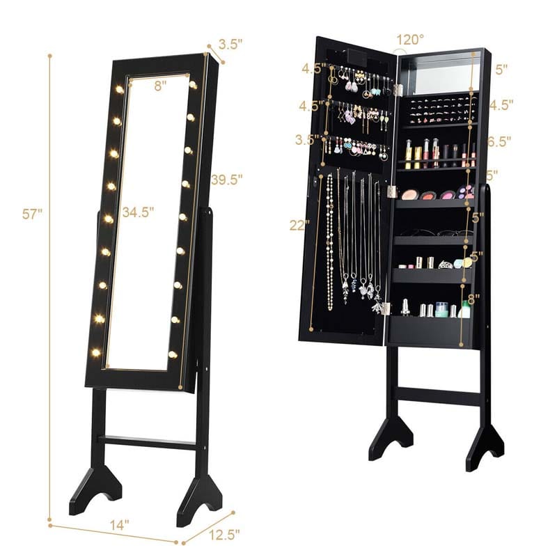 18 LED Standing Jewelry Armoire with Full Length Mirror & 16 Lipstick Holders, Large Jewelry Cabinet Organizer Inside Makeup Mirror for Bedroom