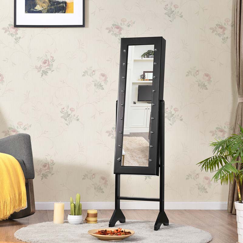 18 LED Standing Jewelry Armoire with Full Length Mirror & 16 Lipstick Holders, Large Jewelry Cabinet Organizer Inside Makeup Mirror for Bedroom
