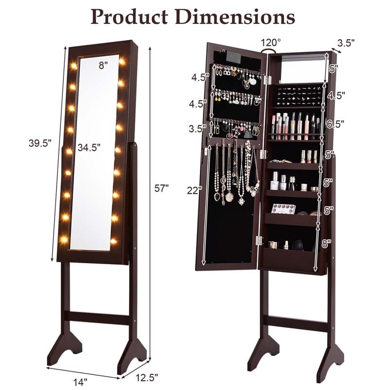 18 LED Standing Jewelry Armoire with Full Length Mirror & 16 Lipstick Holders, Large Jewelry Cabinet Organizer Inside Makeup Mirror for Bedroom