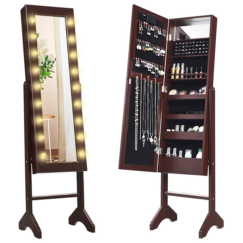 18 LED Standing Jewelry Armoire with Full Length Mirror & 16 Lipstick Holders, Large Jewelry Cabinet Organizer Inside Makeup Mirror for Bedroom