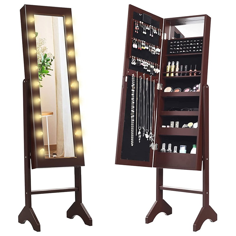 18 LEDs Large Standing Jewelry Armoire Cabinet with Full Length Mirror, 16 Lipstick Holder, 1 Inside Makeup Mirror