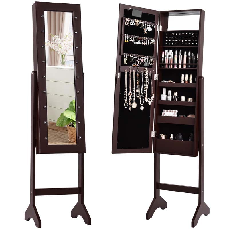 18 LED Standing Jewelry Armoire with Full Length Mirror & 16 Lipstick Holders, Large Jewelry Cabinet Organizer Inside Makeup Mirror for Bedroom