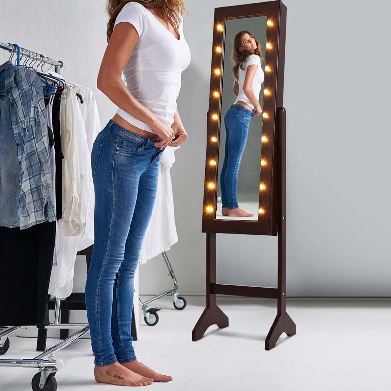 18 LED Standing Jewelry Armoire with Full Length Mirror & 16 Lipstick Holders, Large Jewelry Cabinet Organizer Inside Makeup Mirror for Bedroom