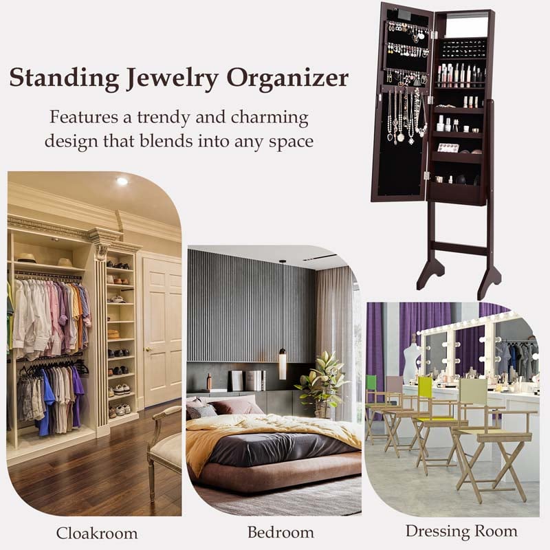 18 LED Standing Jewelry Armoire with Full Length Mirror & 16 Lipstick Holders, Large Jewelry Cabinet Organizer Inside Makeup Mirror for Bedroom