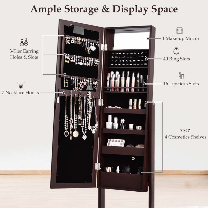 18 LED Standing Jewelry Armoire with Full Length Mirror & 16 Lipstick Holders, Large Jewelry Cabinet Organizer Inside Makeup Mirror for Bedroom