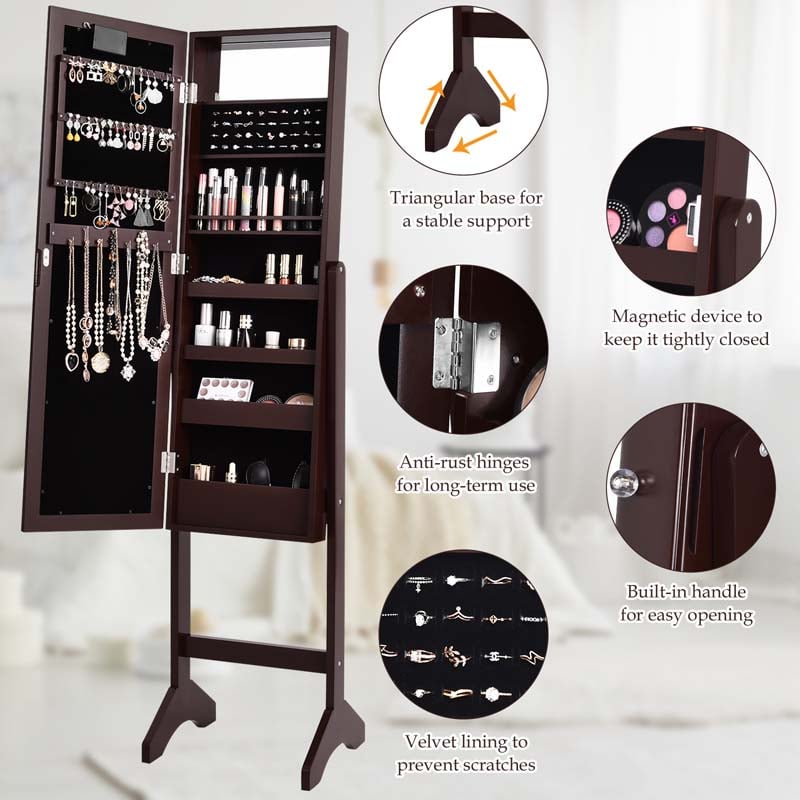 18 LED Standing Jewelry Armoire with Full Length Mirror & 16 Lipstick Holders, Large Jewelry Cabinet Organizer Inside Makeup Mirror for Bedroom