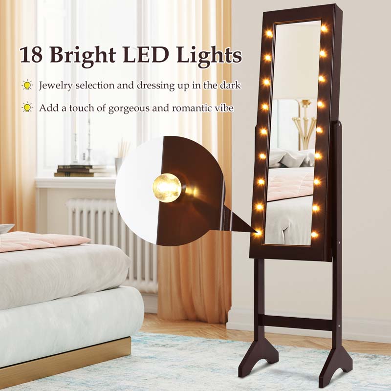 18 LED Standing Jewelry Armoire with Full Length Mirror & 16 Lipstick Holders, Large Jewelry Cabinet Organizer Inside Makeup Mirror for Bedroom