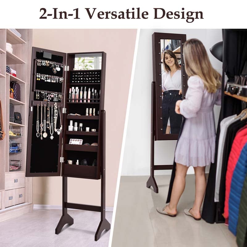 18 LED Standing Jewelry Armoire with Full Length Mirror & 16 Lipstick Holders, Large Jewelry Cabinet Organizer Inside Makeup Mirror for Bedroom