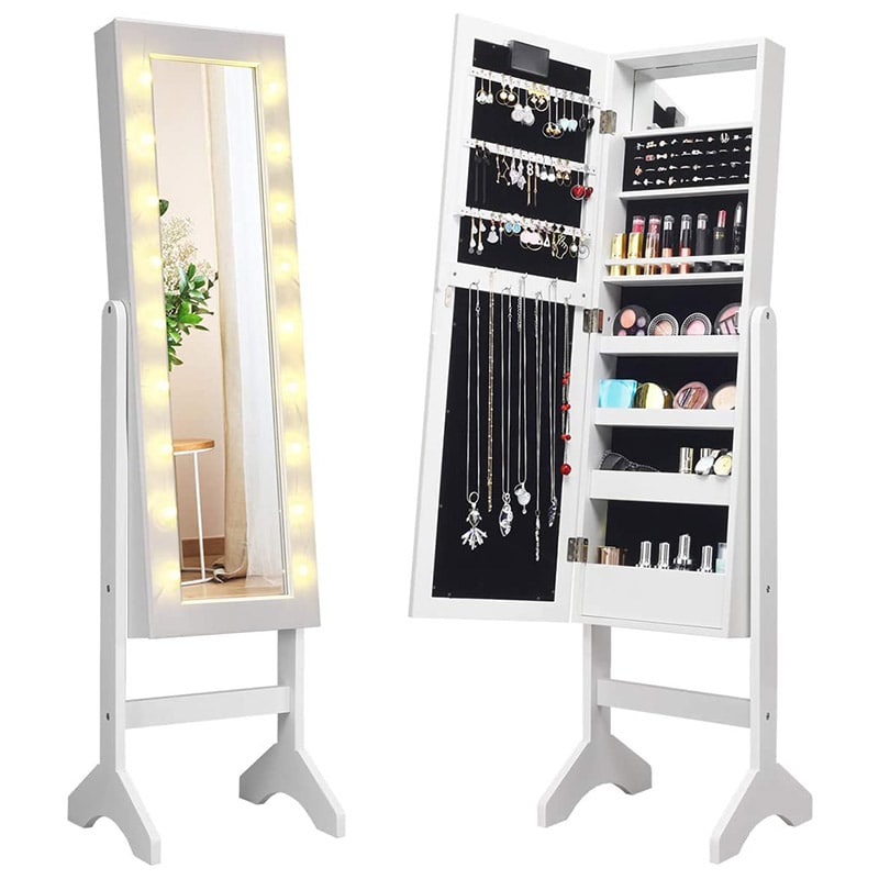 18 LEDs Large Standing Jewelry Armoire Cabinet with Full Length Mirror, 16 Lipstick Holder, 1 Inside Makeup Mirror