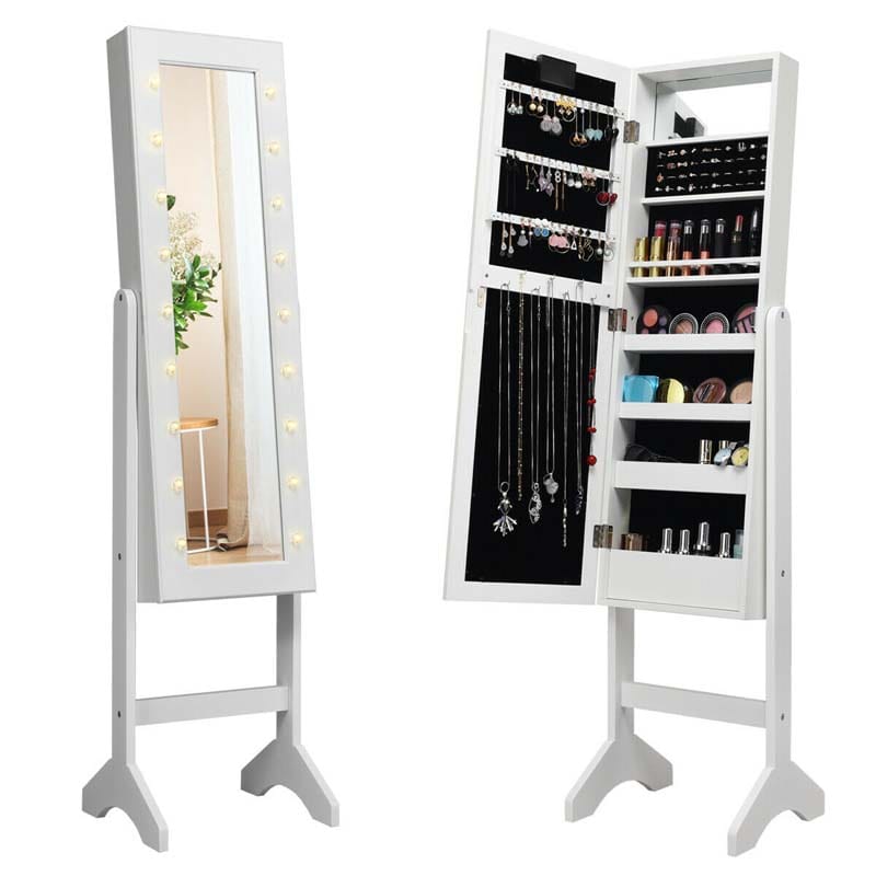 18 LED Standing Jewelry Armoire with Full Length Mirror & 16 Lipstick Holders, Large Jewelry Cabinet Organizer Inside Makeup Mirror for Bedroom