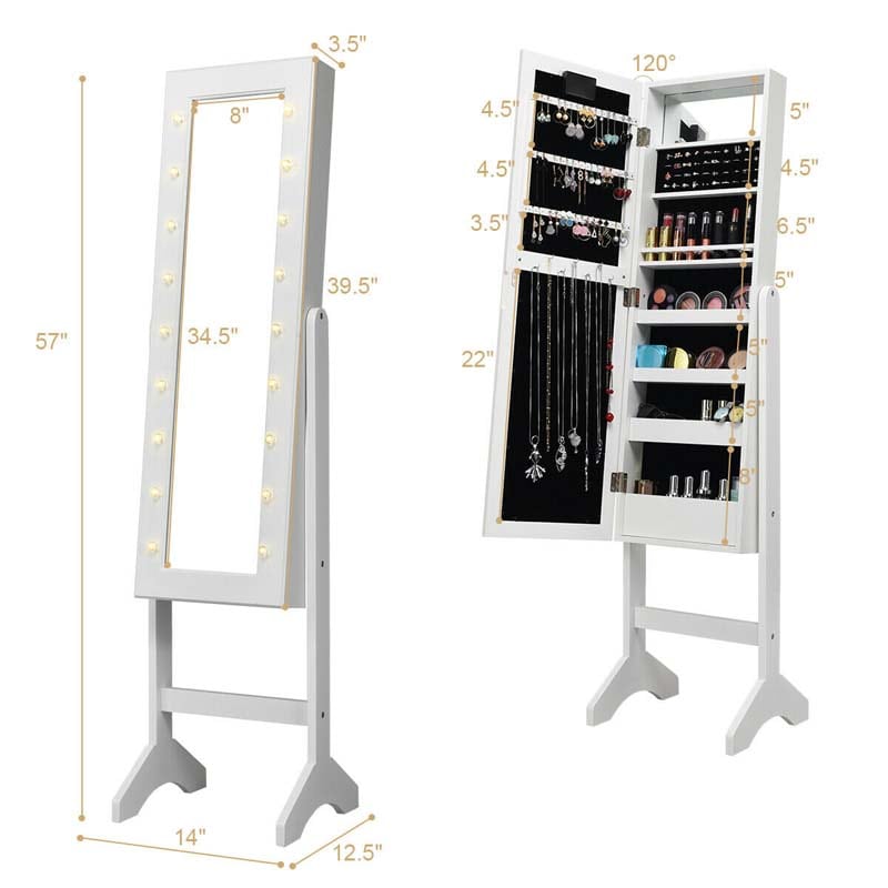 18 LED Standing Jewelry Armoire with Full Length Mirror & 16 Lipstick Holders, Large Jewelry Cabinet Organizer Inside Makeup Mirror for Bedroom