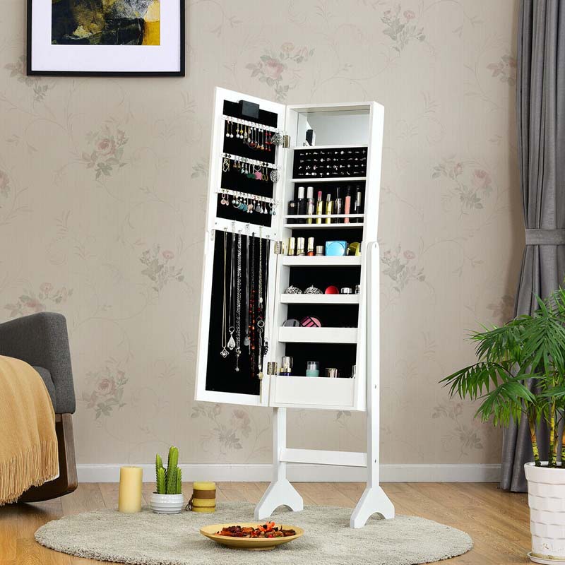 18 LED Standing Jewelry Armoire with Full Length Mirror & 16 Lipstick Holders, Large Jewelry Cabinet Organizer Inside Makeup Mirror for Bedroom