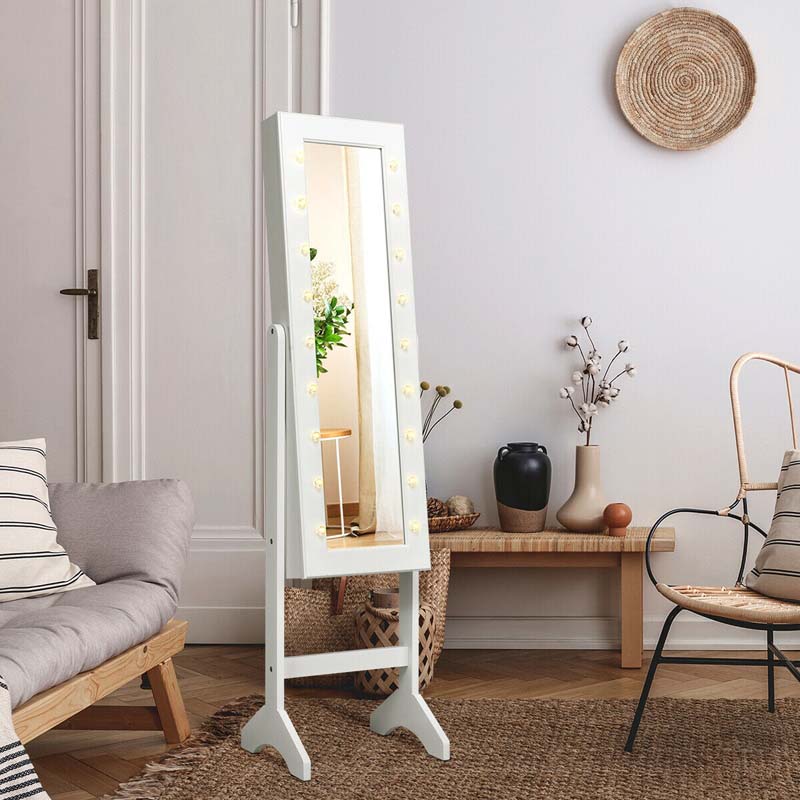 18 LED Standing Jewelry Armoire with Full Length Mirror & 16 Lipstick Holders, Large Jewelry Cabinet Organizer Inside Makeup Mirror for Bedroom