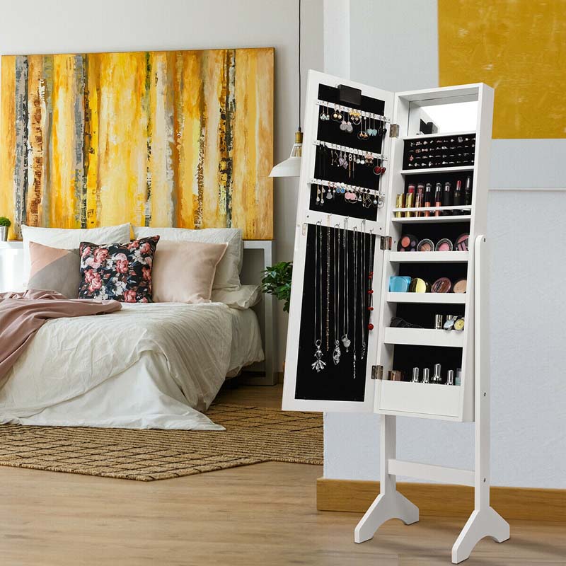 18 LED Standing Jewelry Armoire with Full Length Mirror & 16 Lipstick Holders, Large Jewelry Cabinet Organizer Inside Makeup Mirror for Bedroom
