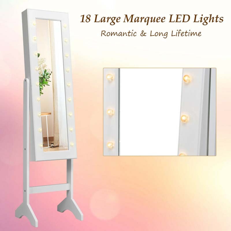 18 LED Standing Jewelry Armoire with Full Length Mirror & 16 Lipstick Holders, Large Jewelry Cabinet Organizer Inside Makeup Mirror for Bedroom