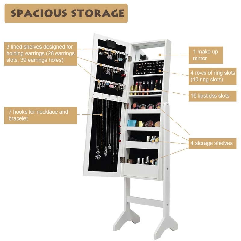 18 LED Standing Jewelry Armoire with Full Length Mirror & 16 Lipstick Holders, Large Jewelry Cabinet Organizer Inside Makeup Mirror for Bedroom