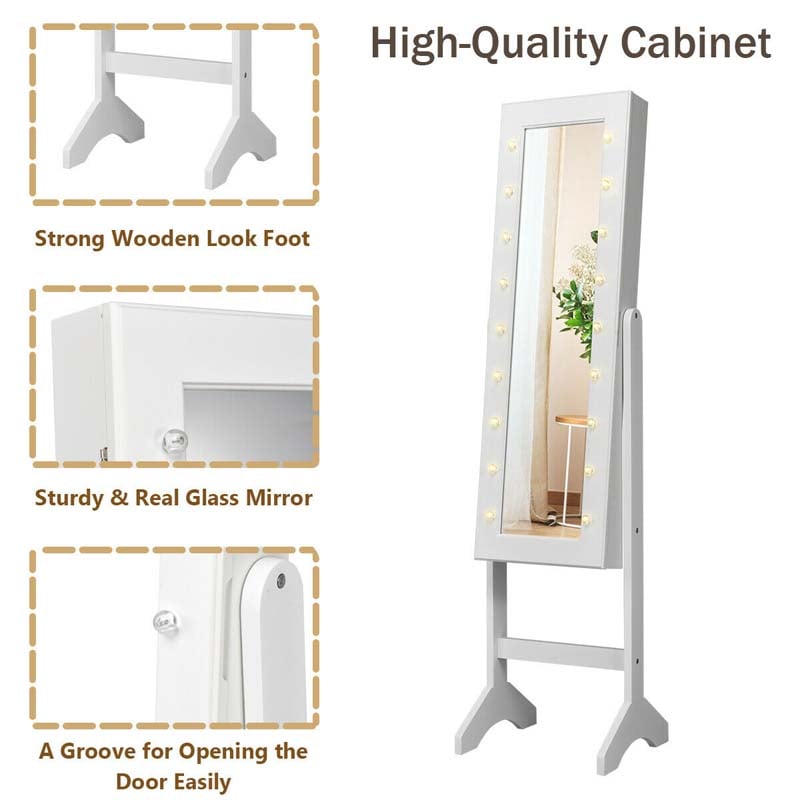 18 LED Standing Jewelry Armoire with Full Length Mirror & 16 Lipstick Holders, Large Jewelry Cabinet Organizer Inside Makeup Mirror for Bedroom