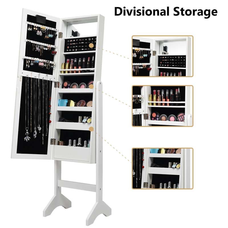 18 LED Standing Jewelry Armoire with Full Length Mirror & 16 Lipstick Holders, Large Jewelry Cabinet Organizer Inside Makeup Mirror for Bedroom