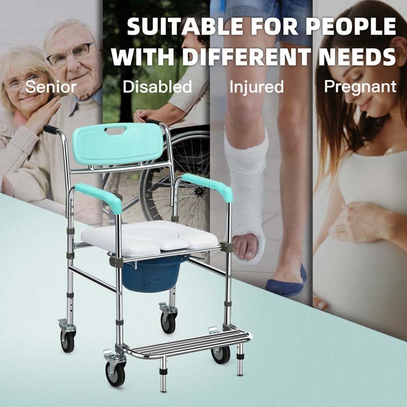 4 in 1 Bedside Commode Chair Transport Shower Wheelchair Toilet Chair with Folding Pedal