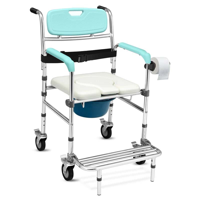 4 in 1 Bedside Commode Chair Transport Shower Wheelchair Toilet Chair with Folding Pedal