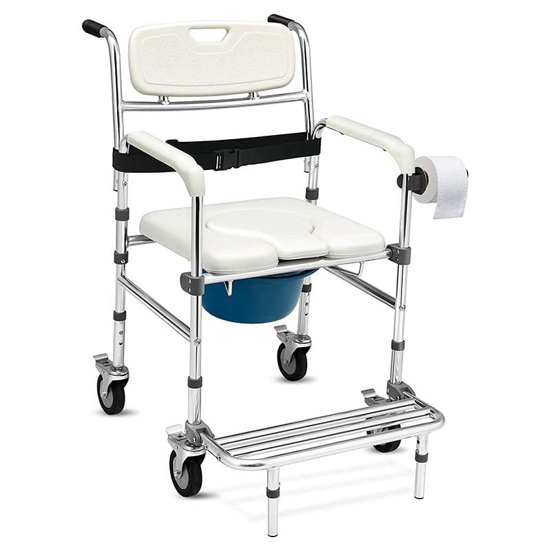 4 in 1 Bedside Commode Chair Transport Shower Wheelchair Toilet Chair with Folding Pedal