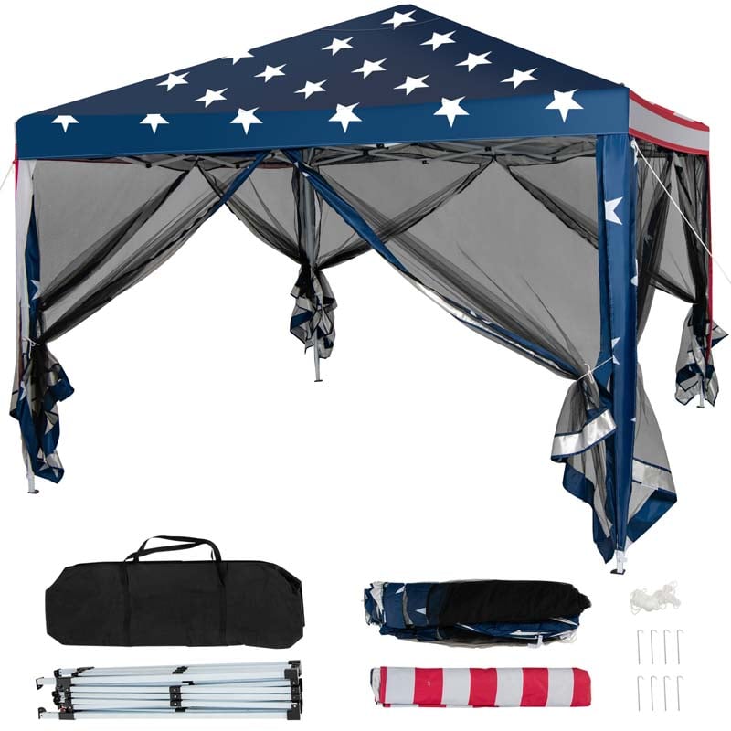 10 x 10 FT Pop Up Canopy Tent with Carry Bag & Netting, American Flag Printing Outdoor Gazebo