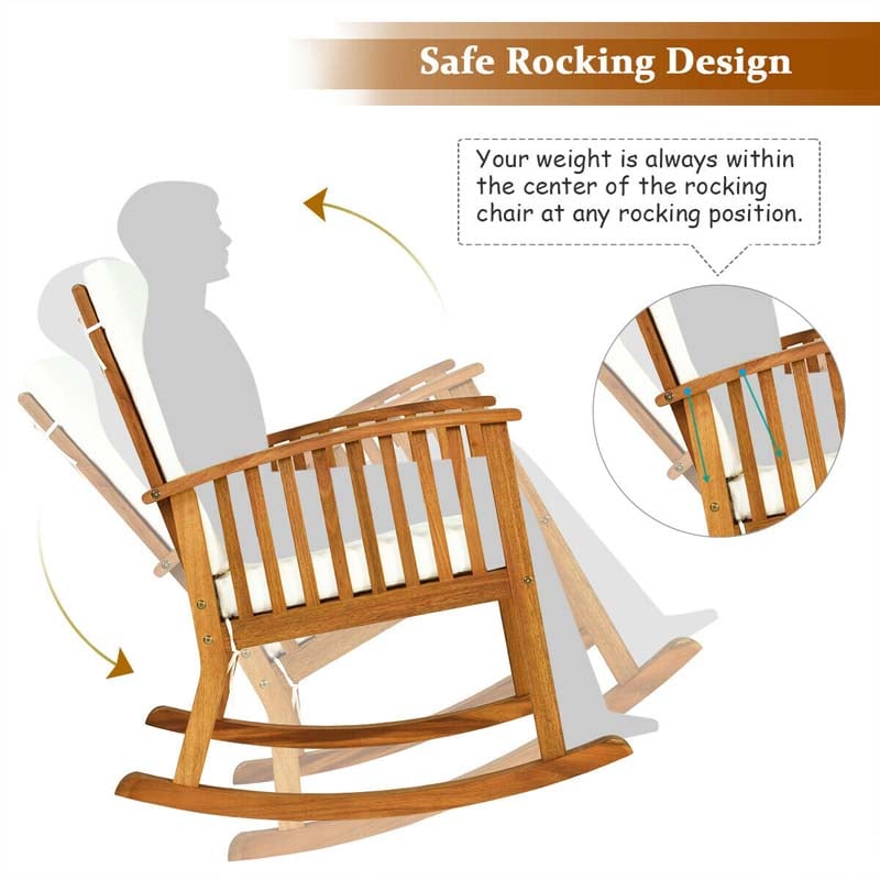 Acacia Wood Outdoor Rocking Chair, Wooden Porch Rocker with Detachable Washable Cushions for Patio Backyard Poolside & Indoor Use