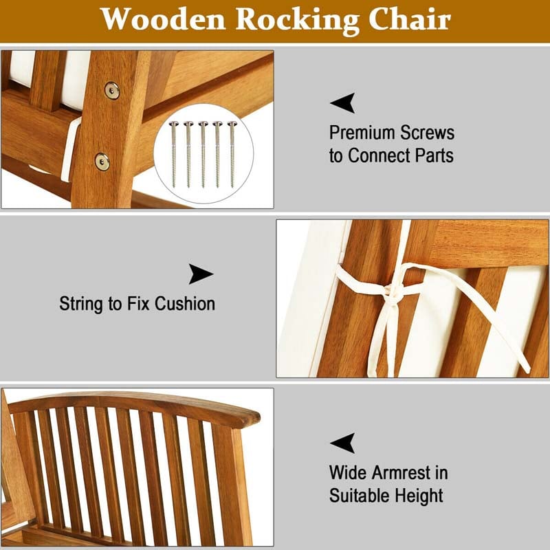 Acacia Wood Outdoor Rocking Chair, Wooden Porch Rocker with Detachable Washable Cushions for Patio Backyard Poolside & Indoor Use