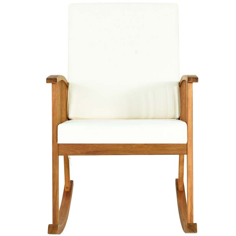 Acacia Wood Outdoor Rocking Chair, Wooden Porch Rocker with Detachable Washable Cushions for Patio Backyard Poolside & Indoor Use