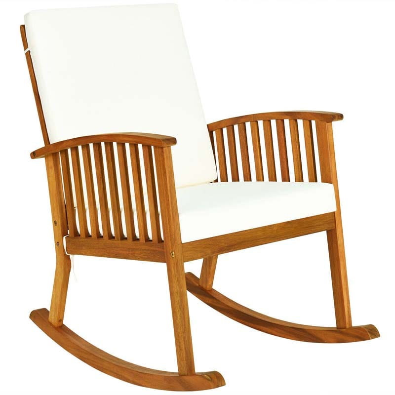 Acacia Wood Outdoor Rocking Chair, Wooden Porch Rocker with Detachable Washable Cushions for Patio Backyard Poolside & Indoor Use