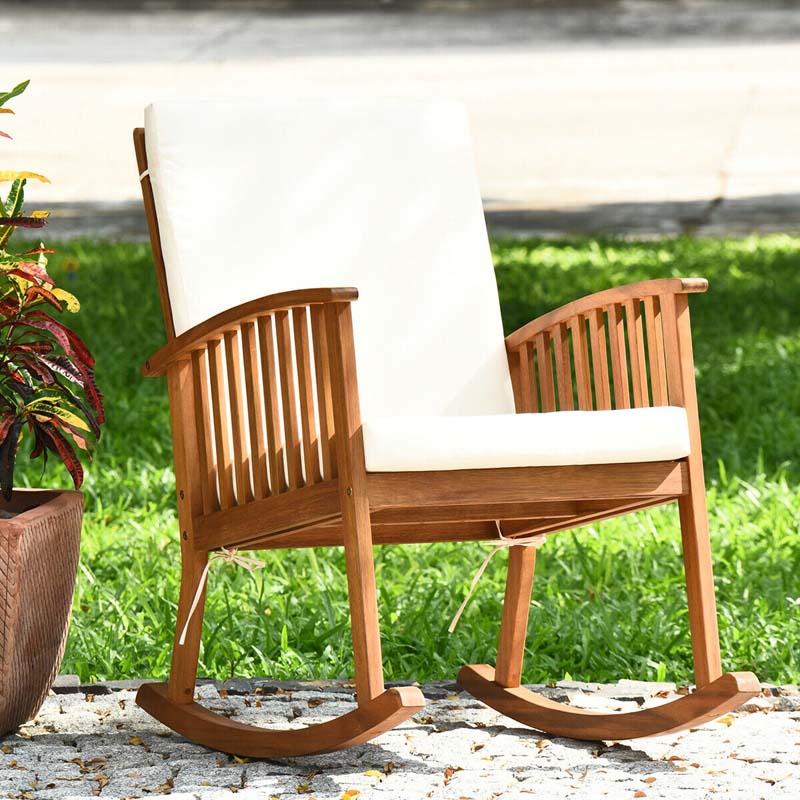 Acacia Wood Outdoor Rocking Chair, Wooden Porch Rocker with Detachable Washable Cushions for Patio Backyard Poolside & Indoor Use