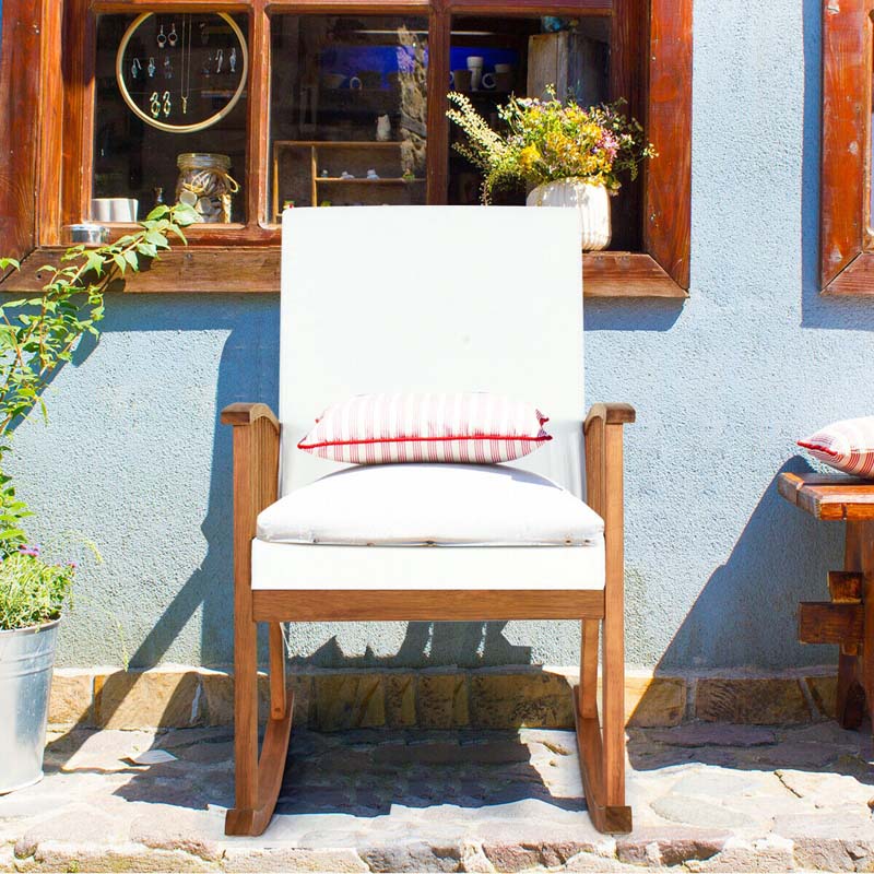 Acacia Wood Outdoor Rocking Chair, Wooden Porch Rocker with Detachable Washable Cushions for Patio Backyard Poolside & Indoor Use