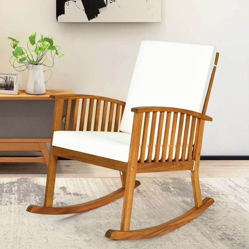 Acacia Wood Outdoor Rocking Chair, Wooden Porch Rocker with Detachable Washable Cushions for Patio Backyard Poolside & Indoor Use