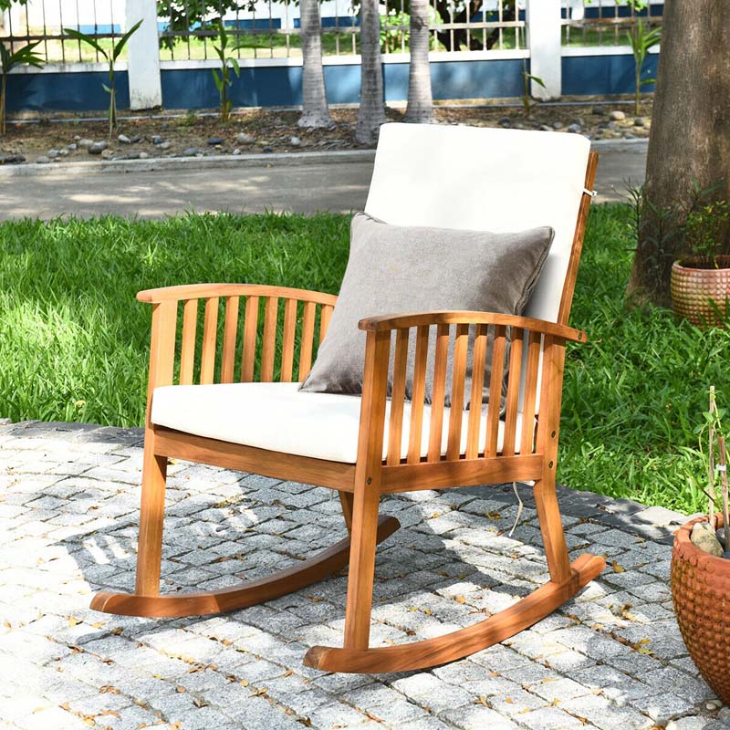 Acacia Wood Outdoor Rocking Chair, Wooden Porch Rocker with Detachable Washable Cushions for Patio Backyard Poolside & Indoor Use