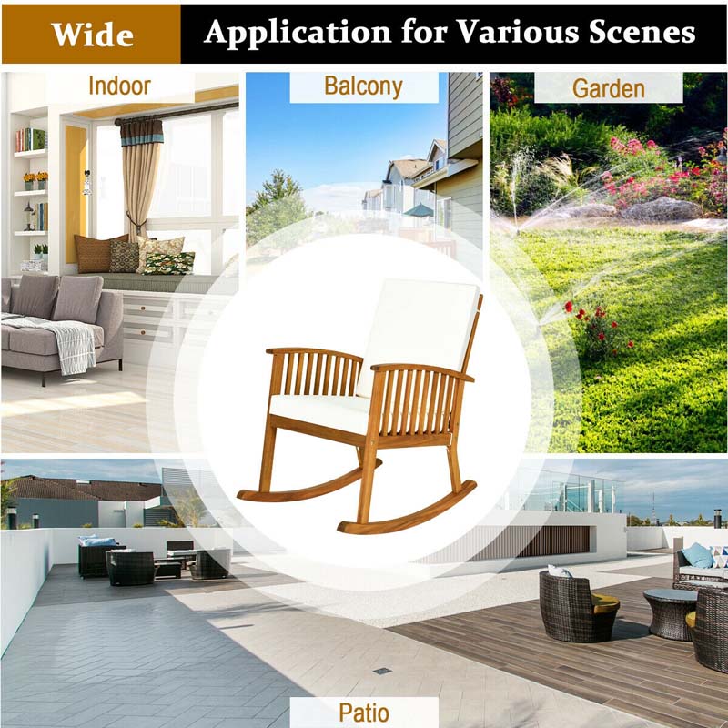 Acacia Wood Outdoor Rocking Chair, Wooden Porch Rocker with Detachable Washable Cushions for Patio Backyard Poolside & Indoor Use