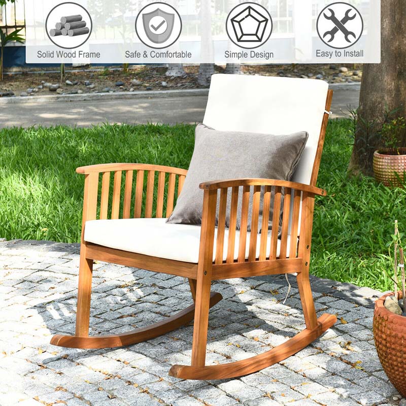 Acacia Wood Outdoor Rocking Chair, Wooden Porch Rocker with Detachable Washable Cushions for Patio Backyard Poolside & Indoor Use