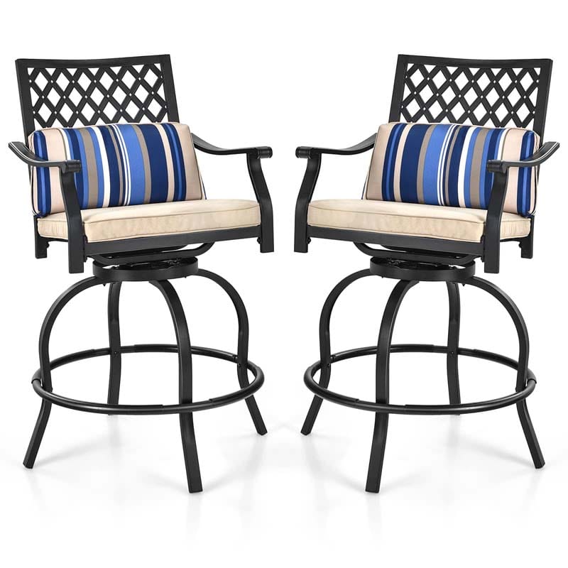 2/4 Pieces Outdoor Swivel Metal Bar Stools with Soft Cushions & Backrest, Steel Frame Patio Bar Height Chairs for Backyard, Poolside