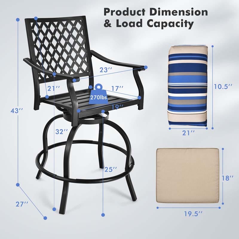 2/4 Pieces Outdoor Swivel Metal Bar Stools with Soft Cushions & Backrest, Steel Frame Patio Bar Height Chairs for Backyard, Poolside