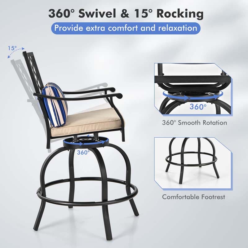 2/4 Pieces Outdoor Swivel Metal Bar Stools with Soft Cushions & Backrest, Steel Frame Patio Bar Height Chairs for Backyard, Poolside