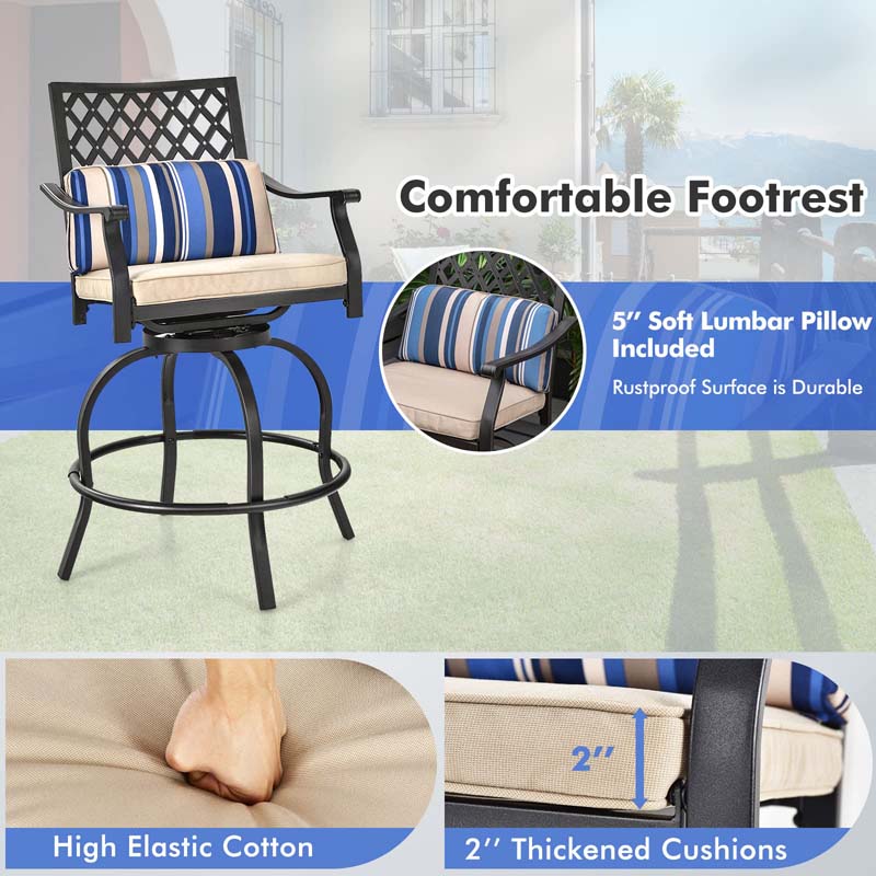 2/4 Pieces Outdoor Swivel Metal Bar Stools with Soft Cushions & Backrest, Steel Frame Patio Bar Height Chairs for Backyard, Poolside