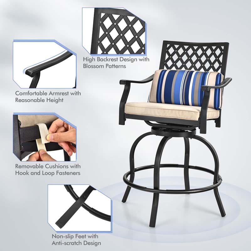 2/4 Pieces Outdoor Swivel Metal Bar Stools with Soft Cushions & Backrest, Steel Frame Patio Bar Height Chairs for Backyard, Poolside