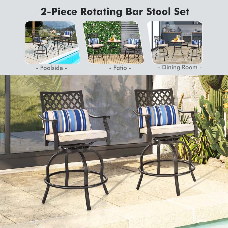 2/4 Pieces Outdoor Swivel Metal Bar Stools with Soft Cushions & Backrest, Steel Frame Patio Bar Height Chairs for Backyard, Poolside