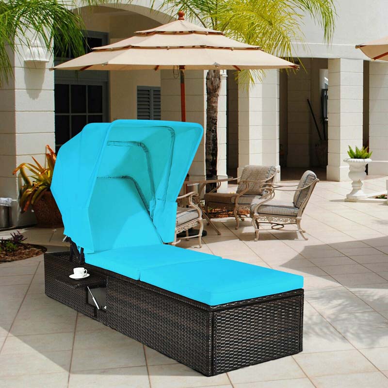 Cushioned Rattan Outdoor Chaise Lounge Chair Sun Lounger 5-Position with Folding Canopy & Flip-up Tea Table