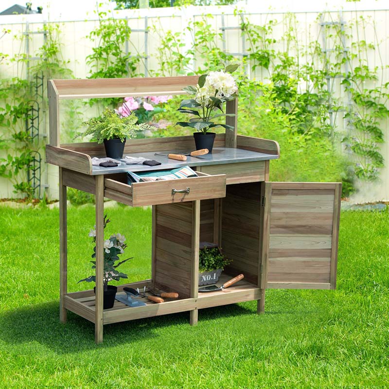 Outdoor Patio Potting Bench Table Rack with Metal Tabletop, Big Drawer & Removable Shelf, Fir Wood Garden Workstation