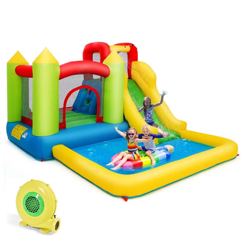 5-in-1 Kids Inflatable Water Slide Bounce House Water Park with 480W Air Blower, Trampoline, Large Splash Pool & Climbing Wall for Backyard Fun
