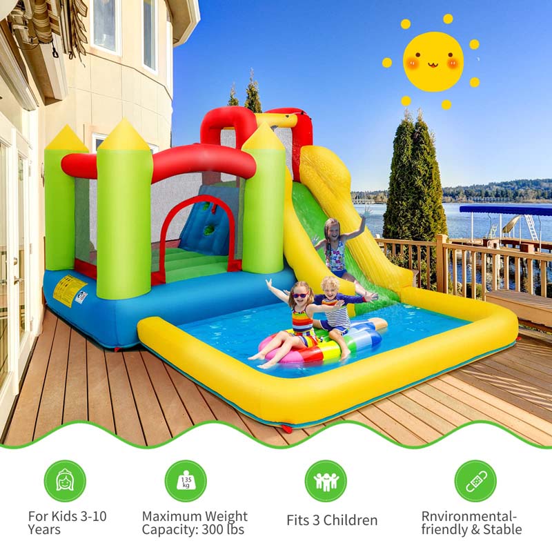 5-in-1 Kids Inflatable Water Slide Bounce House Water Park with 480W Air Blower, Trampoline, Large Splash Pool & Climbing Wall for Backyard Fun