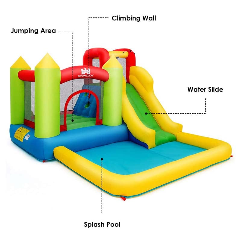 5-in-1 Kids Inflatable Water Slide Bounce House Water Park with 480W Air Blower, Trampoline, Large Splash Pool & Climbing Wall for Backyard Fun